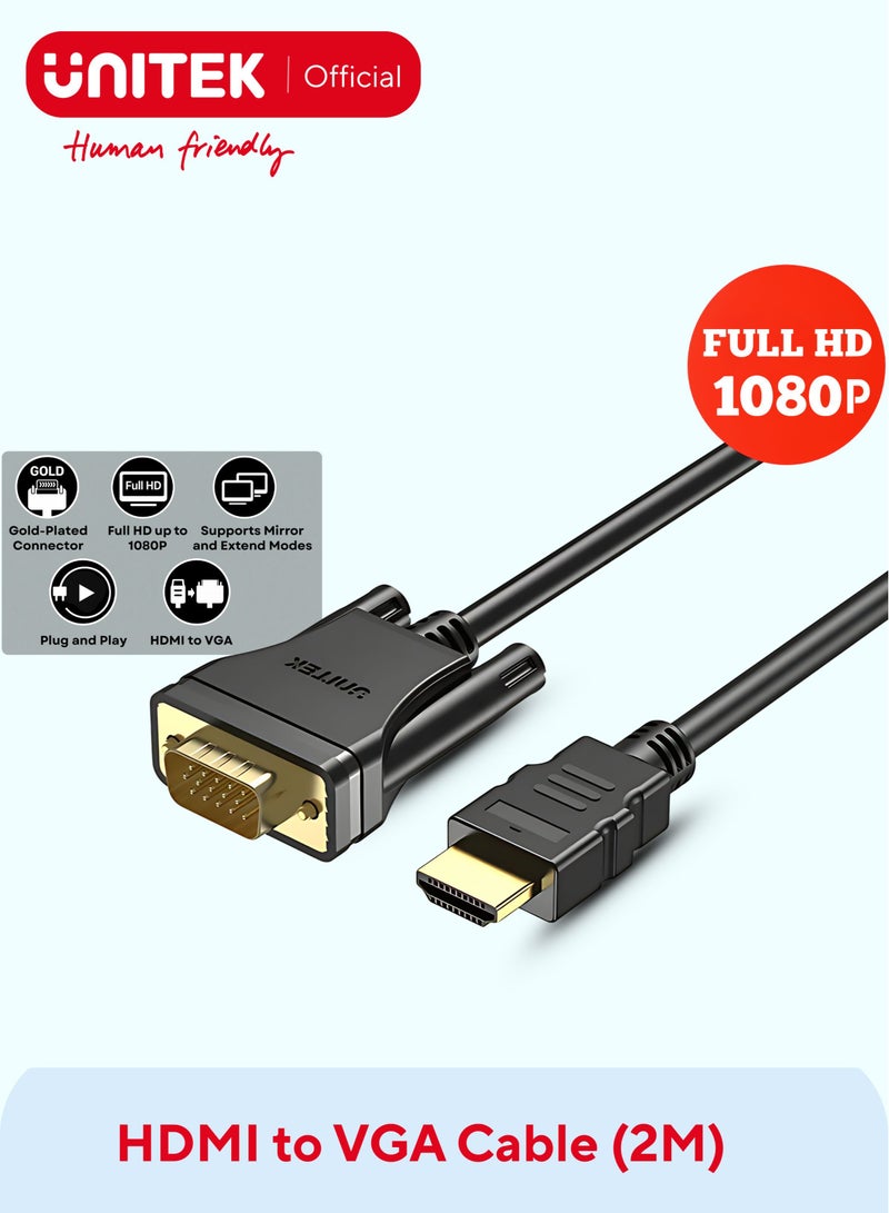 UNITEK كابل محول HDMI إلى VGA، 2م، يعمل مع أجهزة اللابتوب، أجهزة Roku للبث، أجهزة الكمبيوتر المكتبية، Xbox، إلى أجهزة العرض، التلفزيونات، والشاشات - Image 1