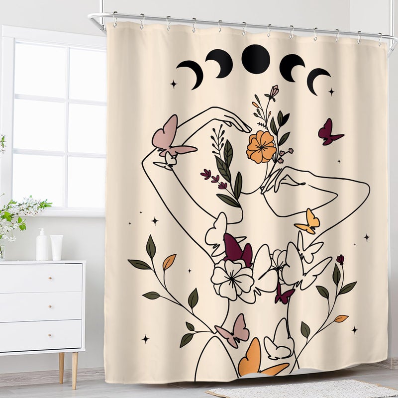 Riyidecor Abstract Woman Art Line Moon Phase Shower Curtain for Bathroom Decor 60Wx72H Floral Butterfly Body Modern Aesthetic Minimalist Beige Printed Fabric Polyester Waterproof 12 Pack Plastic Hooks - Image 2