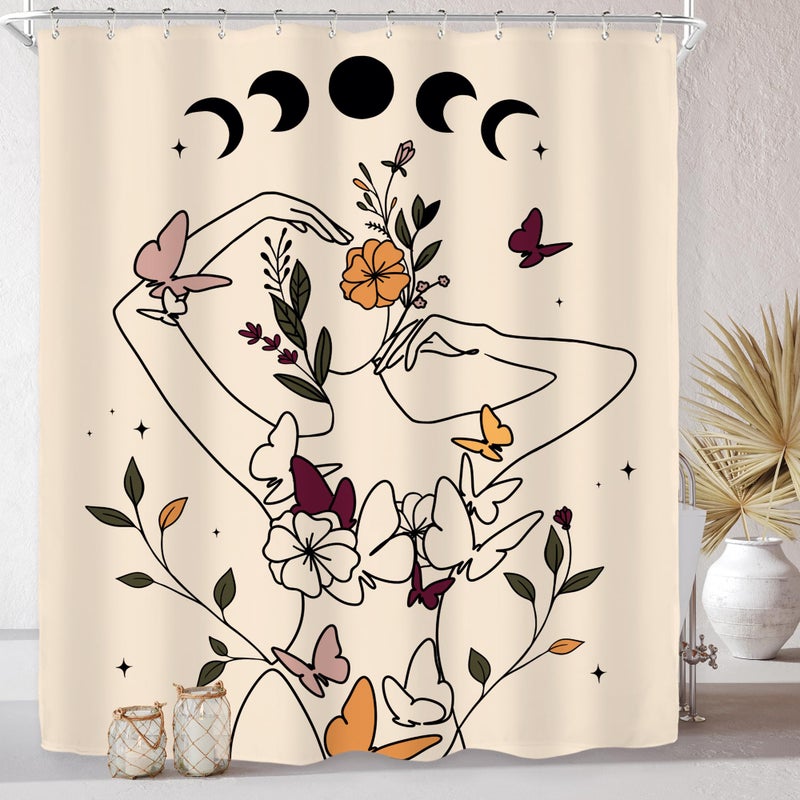 Riyidecor Abstract Woman Art Line Moon Phase Shower Curtain for Bathroom Decor 60Wx72H Floral Butterfly Body Modern Aesthetic Minimalist Beige Printed Fabric Polyester Waterproof 12 Pack Plastic Hooks - Image 1