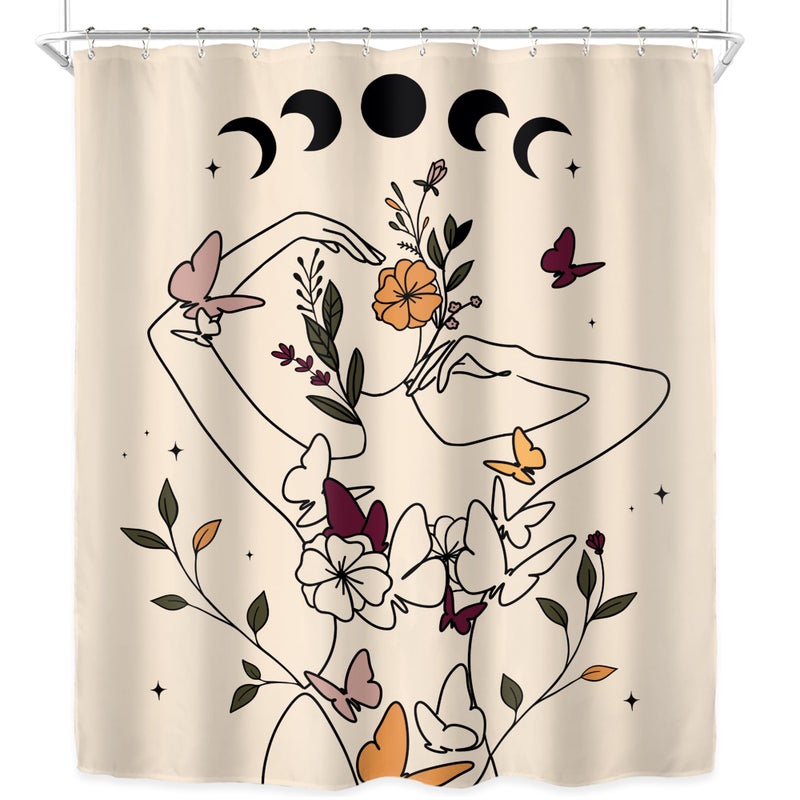 Riyidecor Abstract Woman Art Line Moon Phase Shower Curtain for Bathroom Decor 60Wx72H Floral Butterfly Body Modern Aesthetic Minimalist Beige Printed Fabric Polyester Waterproof 12 Pack Plastic Hooks - Image 5