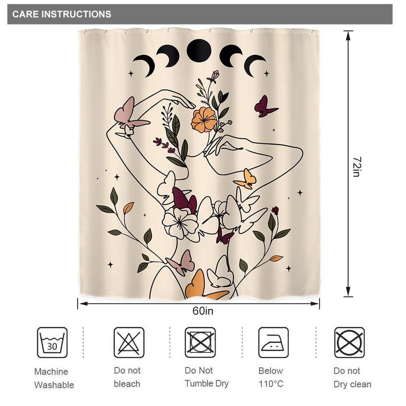 Riyidecor Abstract Woman Art Line Moon Phase Shower Curtain for Bathroom Decor 60Wx72H Floral Butterfly Body Modern Aesthetic Minimalist Beige Printed Fabric Polyester Waterproof 12 Pack Plastic Hooks - Image 3