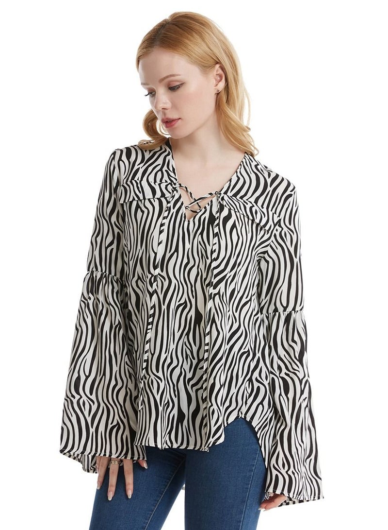 إسكدنيا Women's V-Neck Long Sleeve Top Zebra Stripes Loose Blouse Black/White  - Image 1