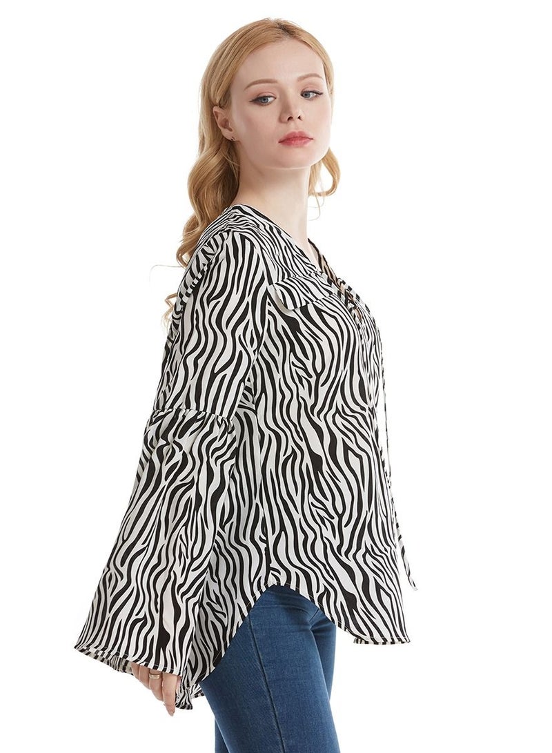 إسكدنيا Women's V-Neck Long Sleeve Top Zebra Stripes Loose Blouse Black/White  - Image 2