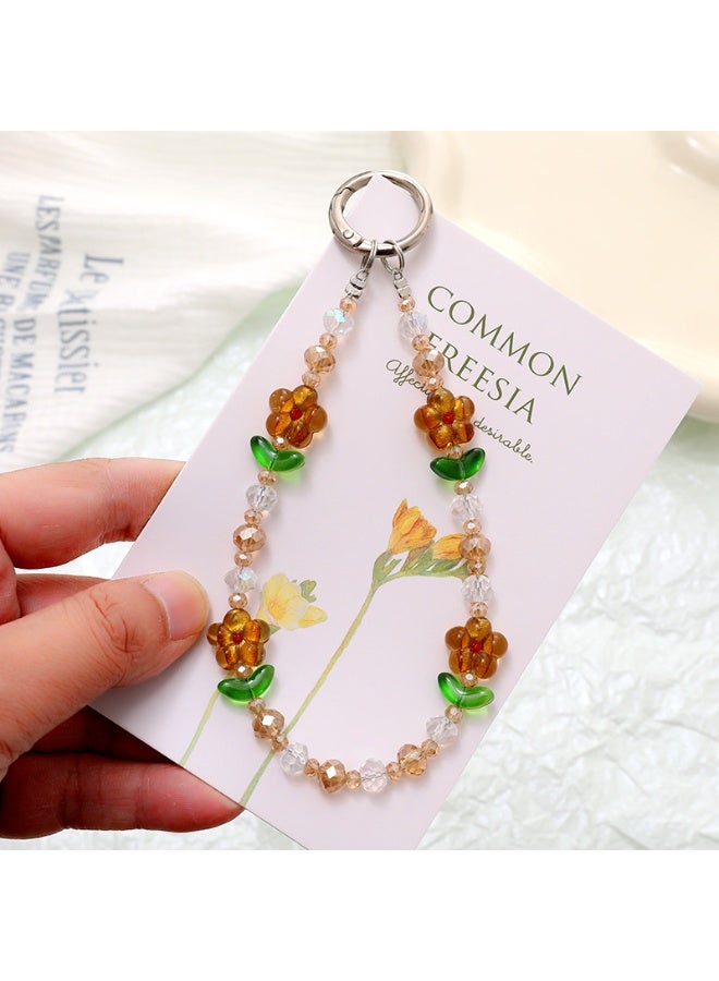 NIBEMINENT Phone Charm/ Chain Strap for Women Girls, Fresh And Sweet Flowers Beads Cell Phone Case Lanyard Wrist Strap,K5144/Khaki
