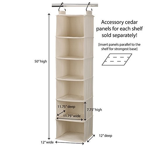 Household Essentials Cedarline 6-Shelf Hanging Closet Organizer, Heavy-Duty Cotton Canvas, Breathable, Versatile, Compact, Perfect for Rod or Wire Closets, Natural - Image 2