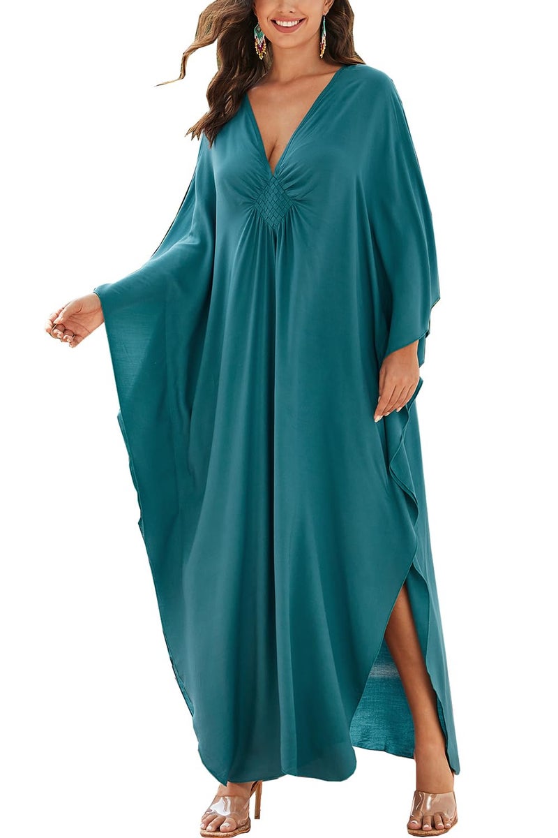 YouKD Women's Solid Color Bohemian Kaftan Dress Beach Cover Ups Plus Size Bathrobes One Size - Image 1