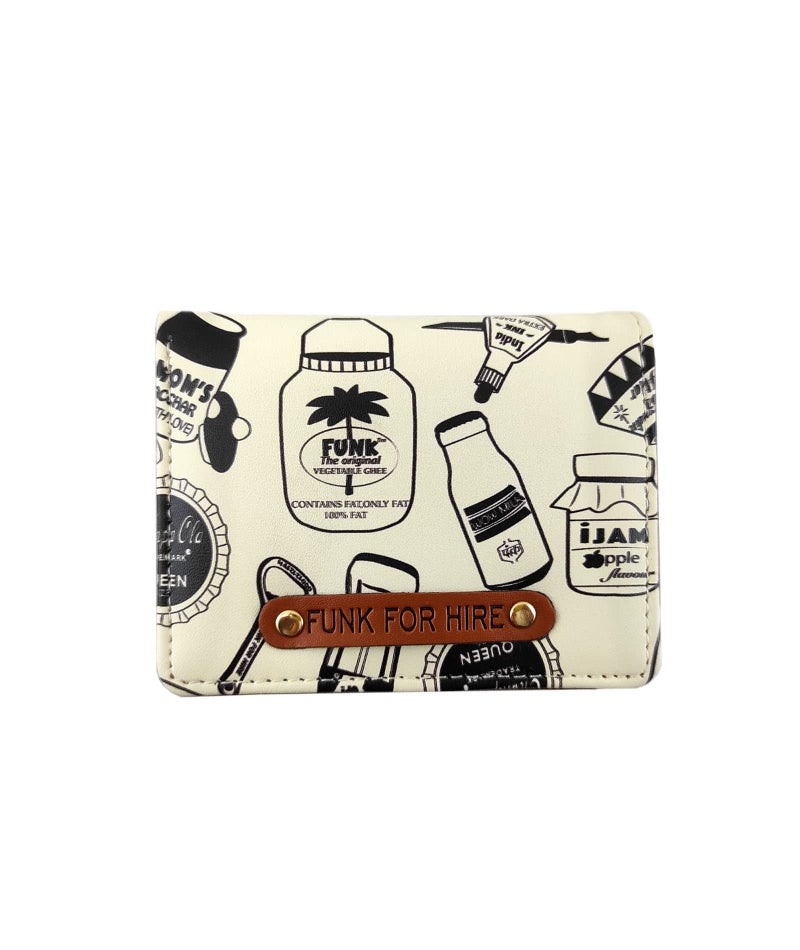 Funk For Hire Vegan Leather Slim Wallet for Men Women White Printed Card Holder Minimalist Bifold with 6 Card Slots Cash Compartment and Zippered Coin Pouch - Image 1