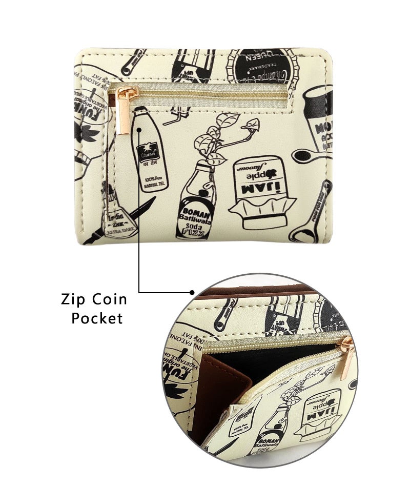 Funk For Hire Vegan Leather Slim Wallet for Men Women White Printed Card Holder Minimalist Bifold with 6 Card Slots Cash Compartment and Zippered Coin Pouch - Image 2