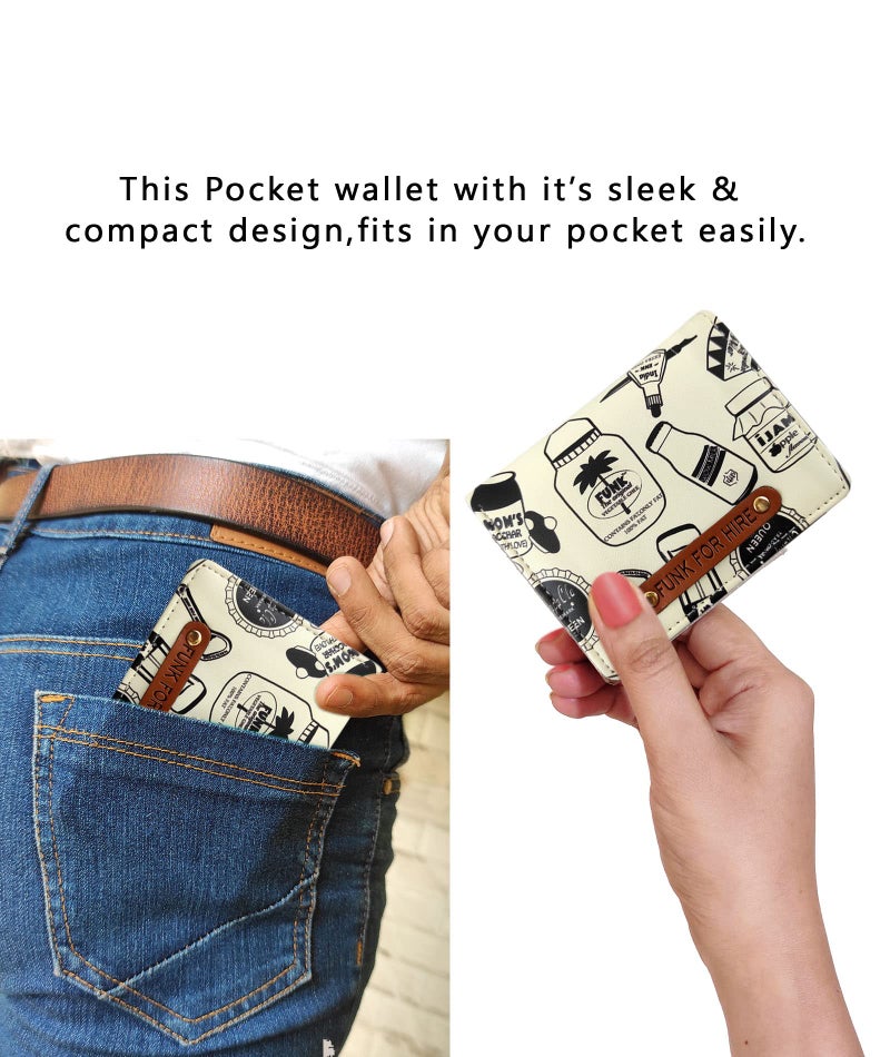 Funk For Hire Vegan Leather Slim Wallet for Men Women White Printed Card Holder Minimalist Bifold with 6 Card Slots Cash Compartment and Zippered Coin Pouch - Image 5