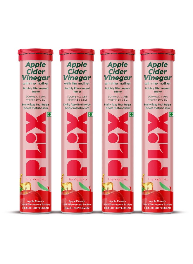 "PLIX - THE PLANT FIX Apple Cider Vinegar 15 Effervescent Tablet, ACV with the mother supports regular metabolism, vitamin B6 & B12, Pack of 4 (Apple), Plant-based, Easy to carry & consume