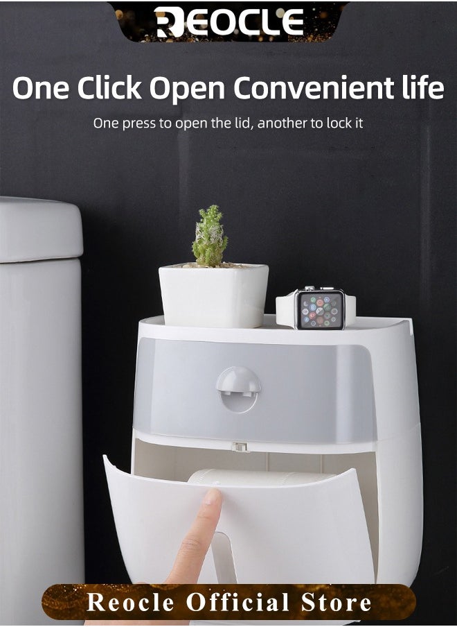 REOCLE Toilet Paper Holder with Drawer Wall Mounted Toilet Paper Holder Adhesive Bathroom Roll Paper Stand with Cover Multifunctional Tissue Box for Draw Paper  - Image 2