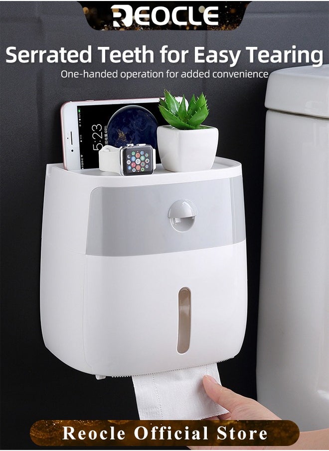 REOCLE Toilet Paper Holder with Drawer Wall Mounted Toilet Paper Holder Adhesive Bathroom Roll Paper Stand with Cover Multifunctional Tissue Box for Draw Paper  - Image 3