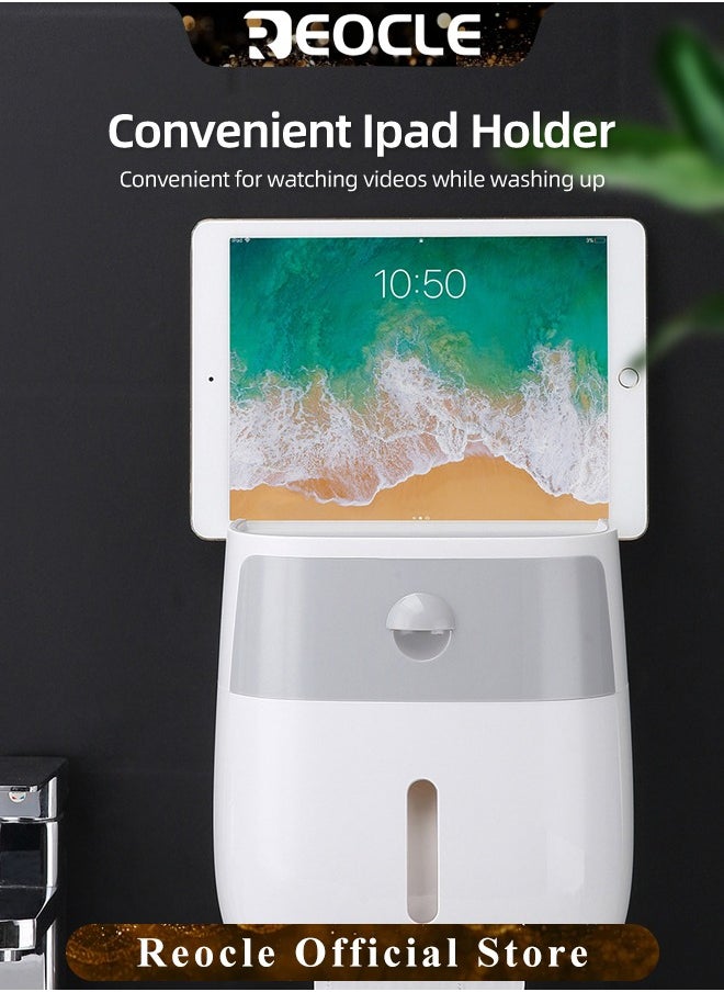 REOCLE Toilet Paper Holder with Drawer Wall Mounted Toilet Paper Holder Adhesive Bathroom Roll Paper Stand with Cover Multifunctional Tissue Box for Draw Paper  - Image 5