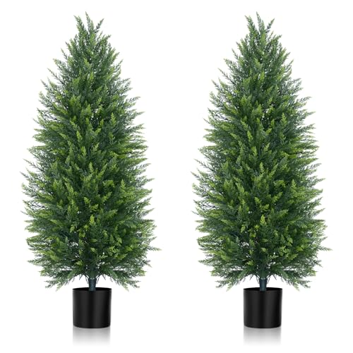Yangrass 4FT Artificial Cedar Topiary Tree Set of 2, Faux Evergreen Pine Shrubs Plants with Pot, Realistic Fake Plants for Indoors Outdoors Front Porch Christmas Decor - Image 1