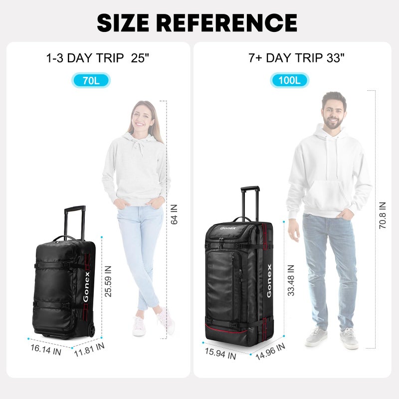 Gonex حقيبة دفل قابلة للدحرجة من غونيكس مع عجلات، سعة 70 لتر مقاومة للماء، حقيبة سفر دفل بعجلات 25 بوصة، سوداء - Image 2