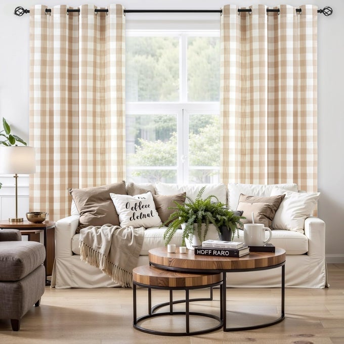 TAN WHITE BUFFALO CHECK SEMI SHEER CURTAIN PANELS GINGHAM PLAID TEXTURED CURTAINS DRAPERYFARMHOUSE GROMMET WINDOW DRAPES FOR LIVING ROOM BEDROOM KIDS ROOM2 PANELSBEIGE40X84