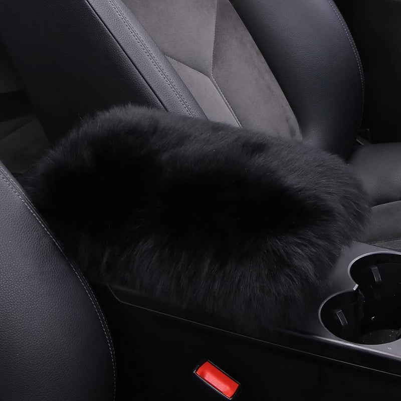 LLB Auto Center Console Cover Pad Universal Fit for SUVTruckCar Genuine Sheepskin Wool Fur Car Armrest Seat Box Cover Furry Fluffy Auto Armrest Cover Protector Black