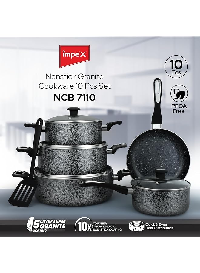 إمبكس طقم أواني طهي رويال جرانيت غير لاصق، مكون من ١٠ قطع، مقلاة ٢٤ سم، ٣ قدور بغطاء ٢٨ سم، قدر حليب بغطاء ١٨ سم وملعقة مسطحة، خالٍ من حمض بيرفلورو الأوكتانويك (PFOA) NCB ٧١١٠ - Image 2