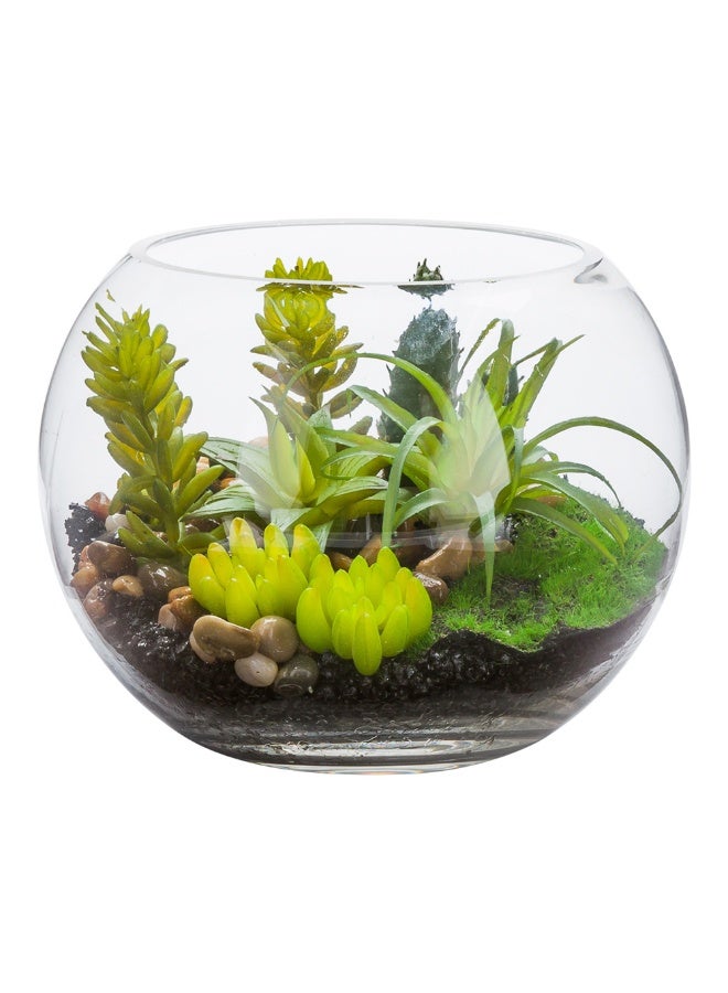 Restaurantware 7 x 5.5 Inch Faux Succulent, 1 Artificial Succulent - In Fishbowl Glass Terrarium, Use As Table Or Shelf Decor, Centerpiece, Plastic Fake Desk Plant, For Homes Or Weddings  - Image 2