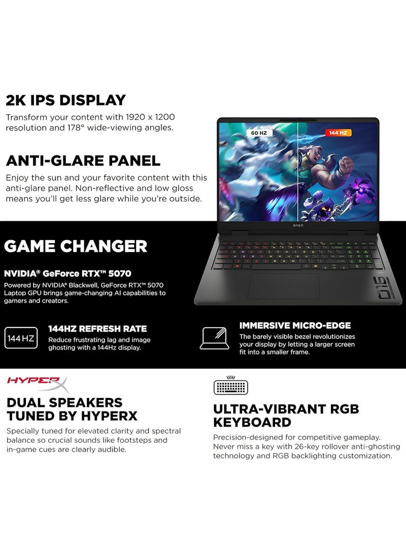 HP OMEN 16" 144Hz WUXGA Slim Gaming Laptop, Intel 16-Core Ultra 9 285H, GeForce RTX 5070 Computer, 32GB DDR5 RAM, 2TB PCIe SSD, AI Boost, WiFi 6E, RGB Backlit Keyboard, FHD Webcam, Windows 11 English Black - Image 3