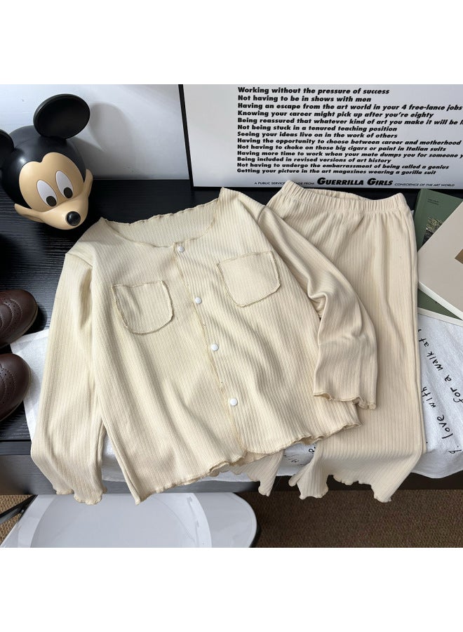Autumn New Korean Style Girls' Home Clothes Baby Suit Fungus Lace Outer Wear Base Cardigan Jacket Flared Pants
