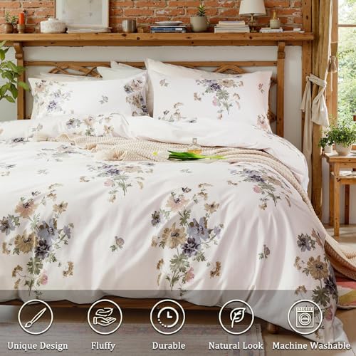 Cozaline Floral Comforter Queen Size 100 Cotton Comforter with Blush Blue Floral 3 Pieces Vintage Botanical Bedding Sets Soft and Lightweight Comforter Set for All Seasons - Image 3