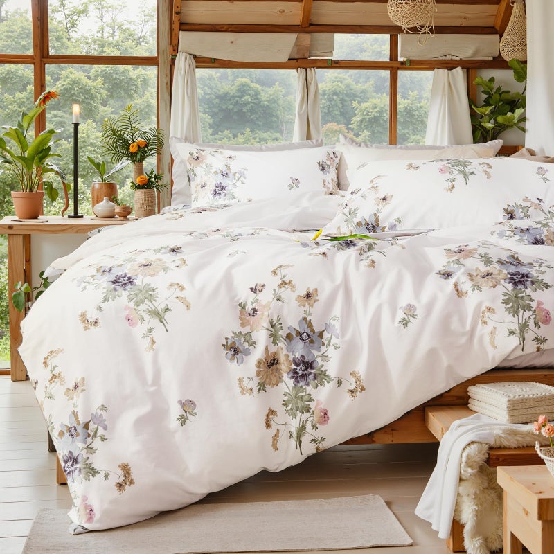 Cozaline Floral Comforter Queen Size 100 Cotton Comforter with Blush Blue Floral 3 Pieces Vintage Botanical Bedding Sets Soft and Lightweight Comforter Set for All Seasons - Image 2