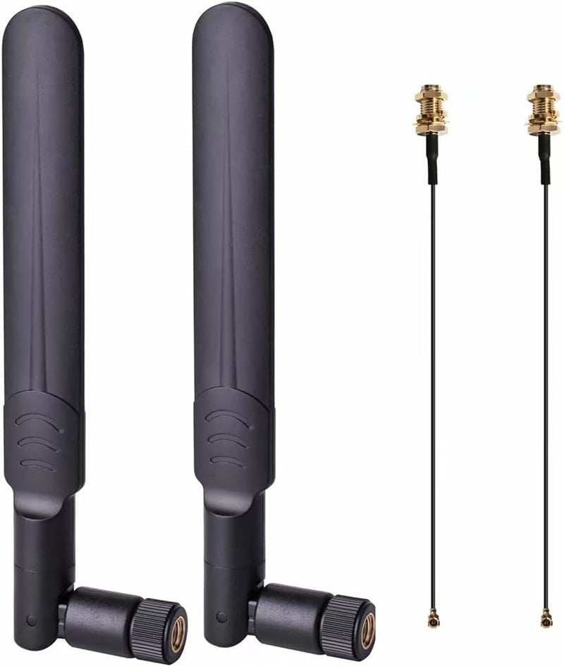 QUEENTI 2 x 8dBi WiFi RP-SMA Male Antenna 2.4GHz 5.8GHz Dual Band +2 x 15CM U.FL/IPEX to RP-SMA Female Pigtail Cable for Mini PCIe Card Wireless Routers, PC Desktop, Repeater, FPV UAV Drone and PS4 Build - Image 1