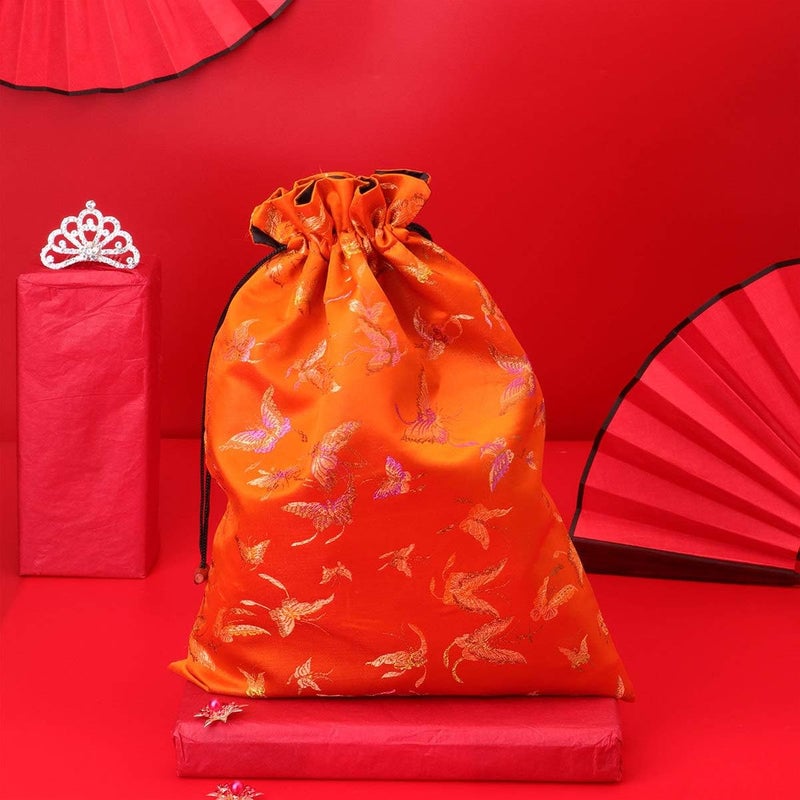Silk Drawstring Bag Chinese Style Jewelry Pouch Storage Bag for Wedding Party (Random Pattern, Orange) - Image 2