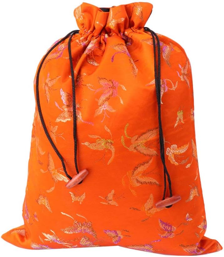 Silk Drawstring Bag Chinese Style Jewelry Pouch Storage Bag for Wedding Party (Random Pattern, Orange) - Image 1