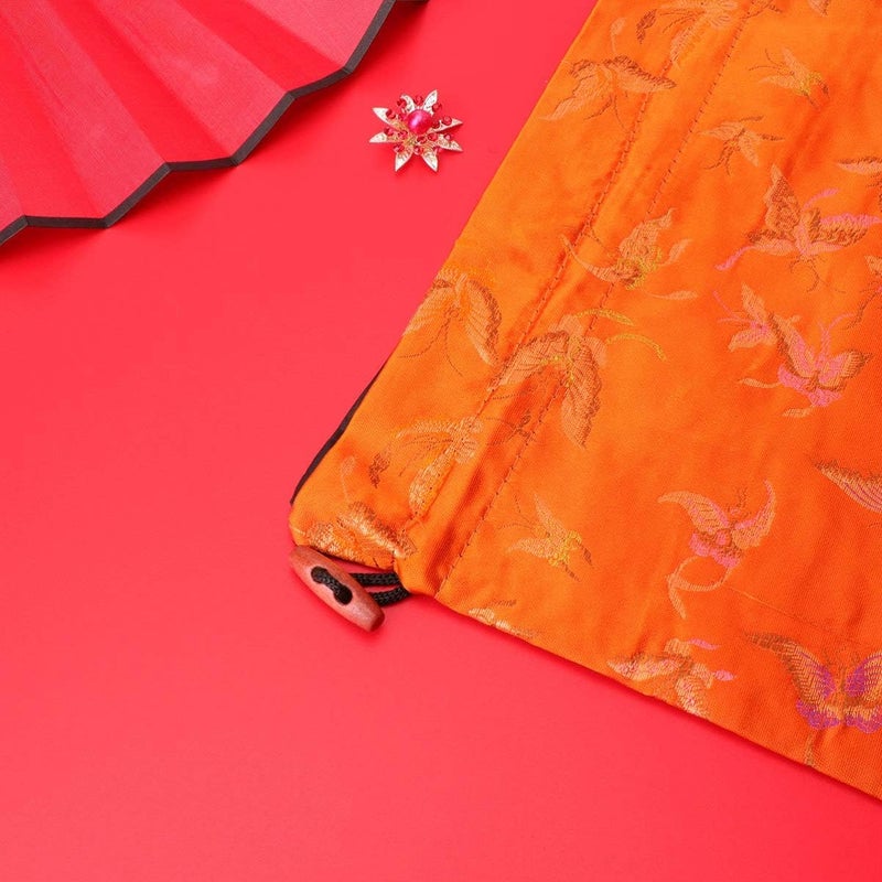 Silk Drawstring Bag Chinese Style Jewelry Pouch Storage Bag for Wedding Party (Random Pattern, Orange) - Image 5