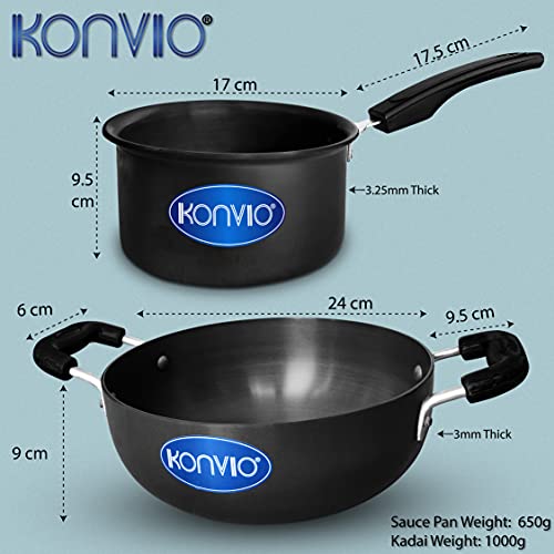 Konvio Hard Anodized Tadka Pan, Nonstick Spice Roasting Pan (1.5L Sauce Pan + 3L Kadai) - Image 2