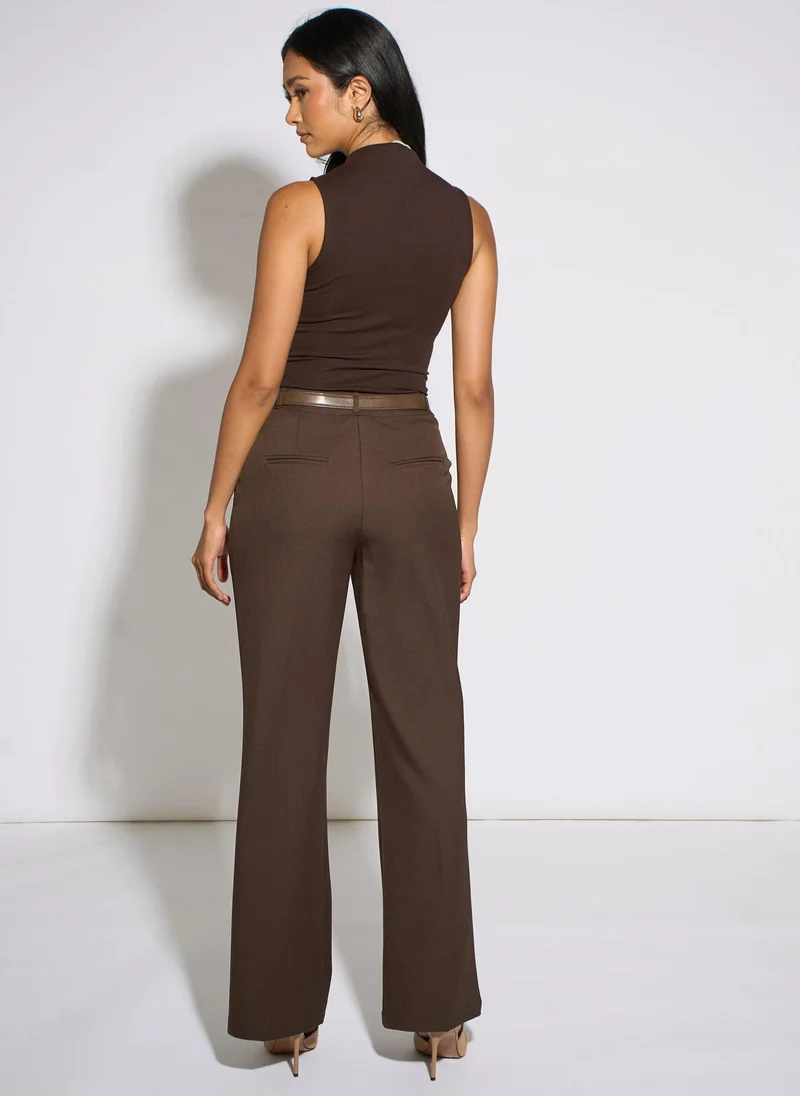 Gini London  Brown Wide Leg Belted Tailoring Trouser for Women | Best Price UAE