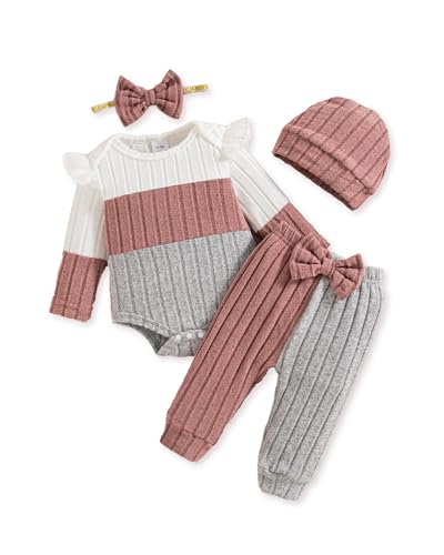 Mioglrie Baby Girl Clothes 3-6 Months Newborn Infant Girl Fall Winter Outfits Pink Color Block Pants Set 4Pcs Baby Girls Clothing Set with Headband and Hat - Image 1