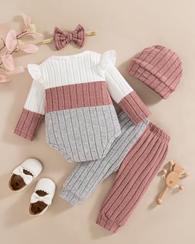 Mioglrie Baby Girl Clothes 3-6 Months Newborn Infant Girl Fall Winter Outfits Pink Color Block Pants Set 4Pcs Baby Girls Clothing Set with Headband and Hat - Image 5