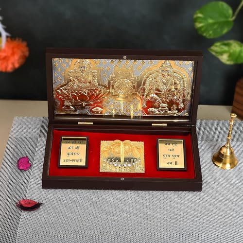 JAIPUR ACE Gold Plated Shree Dhan Laxmi Kuber Charan Paduka Yantra | Devotional Prayer Box | Wooden Momento Decorative Showpiece Box Packing| Diwali Gifting Charan Paduka - Image 1