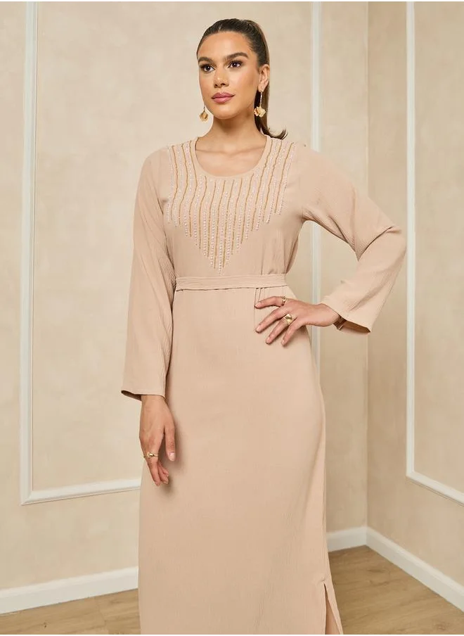 Styli lapel collar abaya with hand embroidered bead work in barbie fabric and matching chiffon hijab