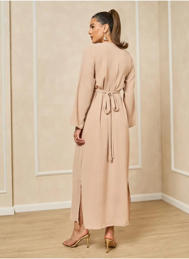 Styli lapel collar abaya with hand embroidered bead work in barbie fabric and matching chiffon hijab