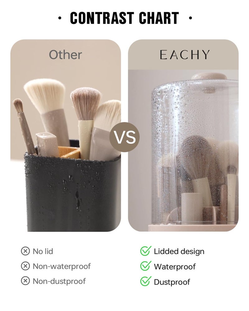 EACHY Makeup Brush Holder 360Â° Rotating with Dustproof Lid, Waterproof Material, 7 Compartments for Organized Storage, Stylish and Durable Design for Vanity (Beige) - Image 3