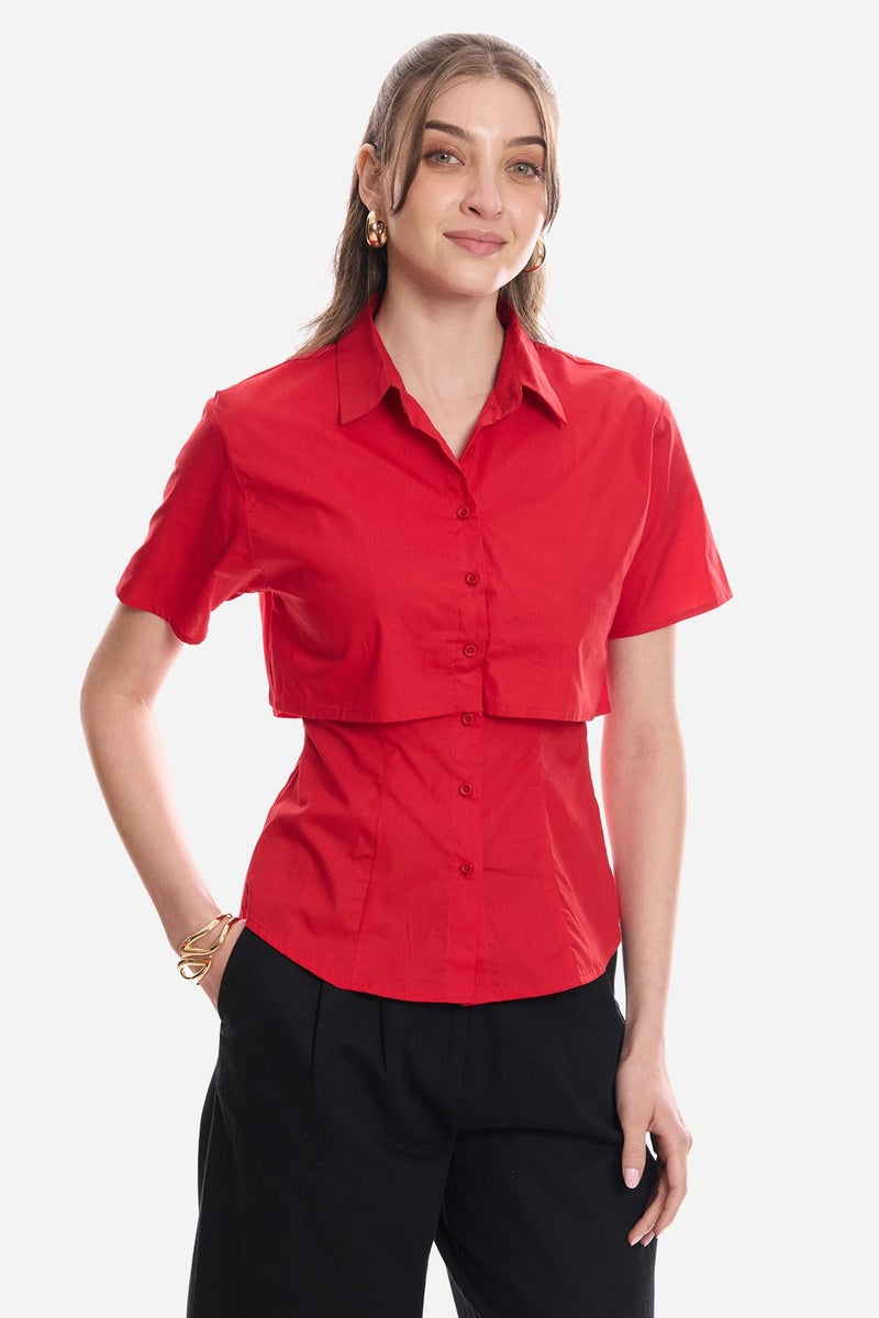 Virgio Solid Cotton Double Layer Short Sleeve Shirt for Women - Image 4