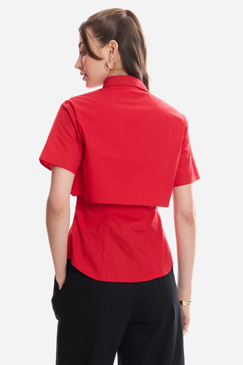 Virgio Solid Cotton Double Layer Short Sleeve Shirt for Women - Image 5