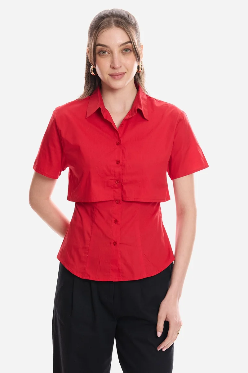 فيرجيو Solid Cotton Double Layer Short Sleeve Shirt for Women