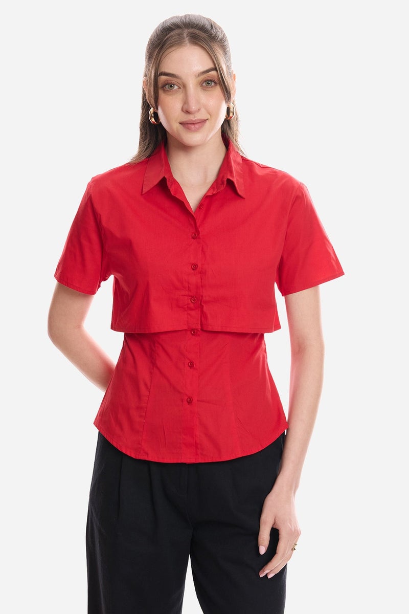 Virgio Solid Cotton Double Layer Short Sleeve Shirt for Women - Image 1