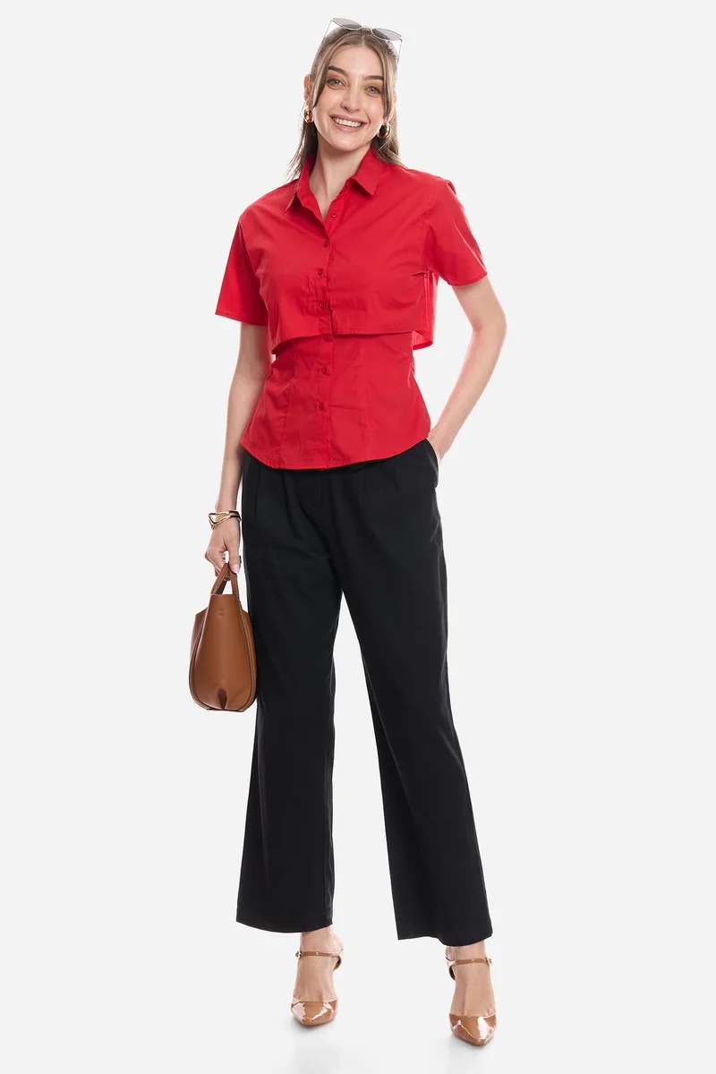 فيرجيو Solid Cotton Double Layer Short Sleeve Shirt for Women