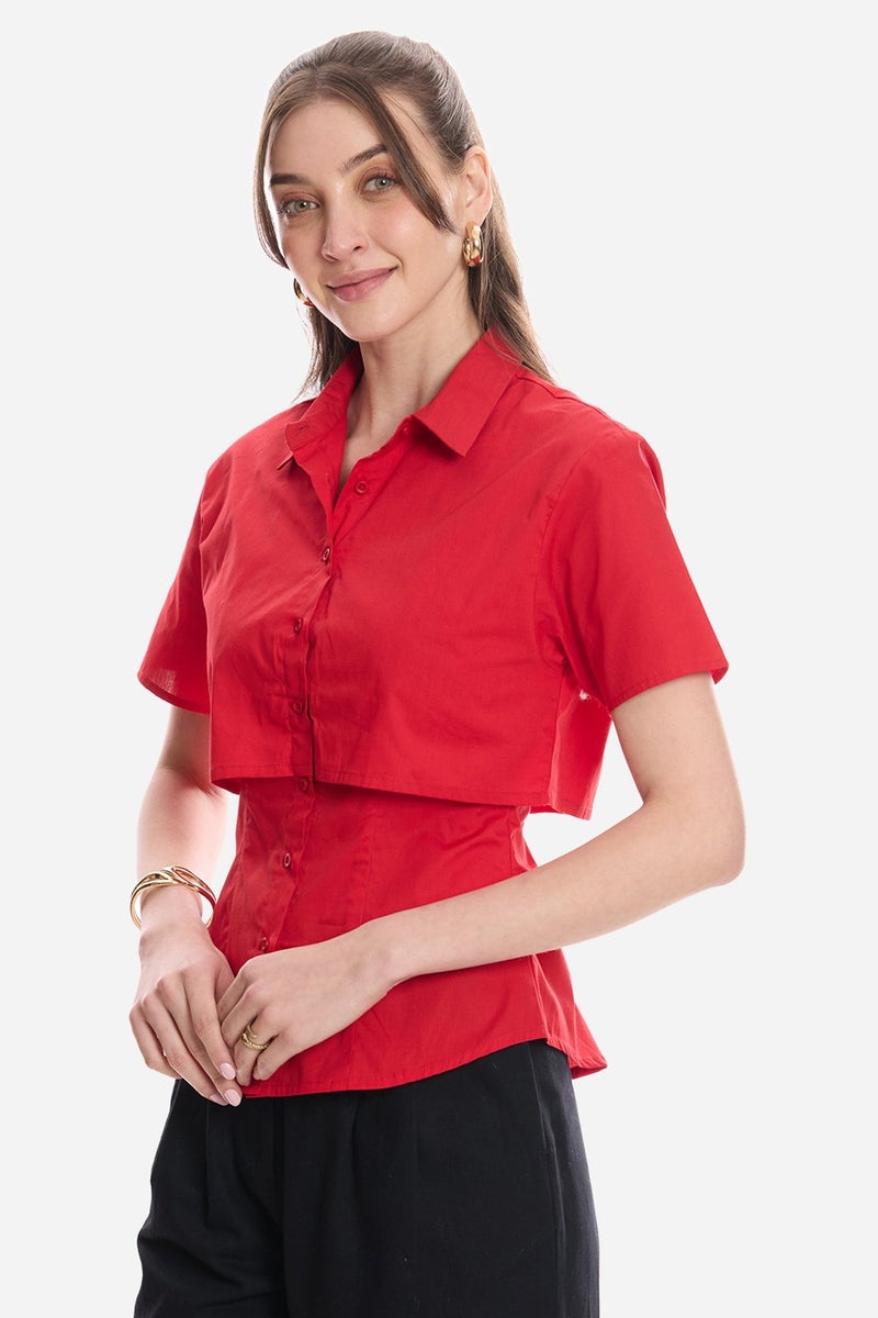 Virgio Solid Cotton Double Layer Short Sleeve Shirt for Women - Image 3