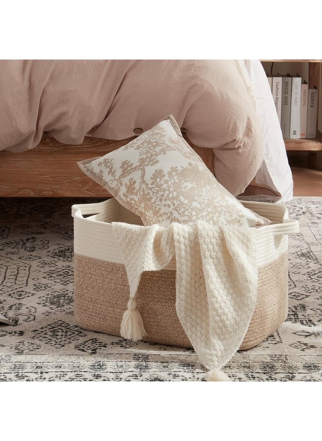 OIAHOMY - OIAHOMY 65L Blanket Basket, Cotton Rope Woven Blanket storage for Living Room, Rectangle Woven Baskets for Storage, 20''×16''×12'', Brown and White - Image 1