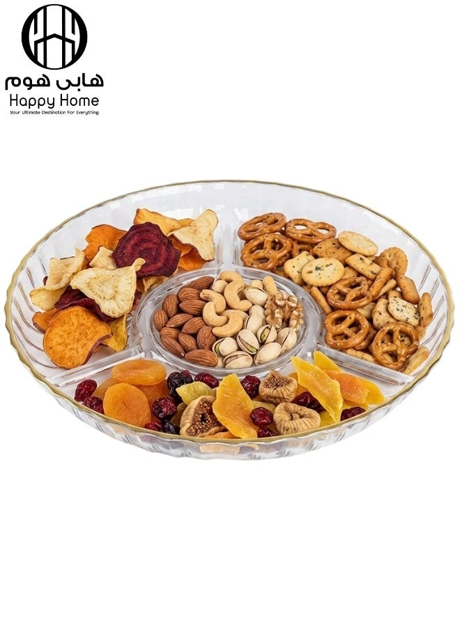 Happy Home Clear Round Divided Serving Tray with Gold Rim –  Compartment Acrylic Snack and Appetizer Platter for Nuts, Chips, Crackers, Candy and Dried Fruits – Elegant Lightweight Serving Dish for Parties, Hospitality and Home Tables - Image 1