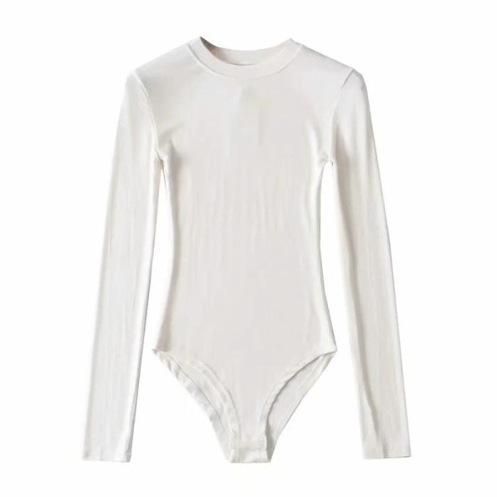 2024 New Summer oversize Top Versatile Slim Fit Inner Layering Shirt European and American Long-sleeved Round Neck Jumpsuit White - Image 1
