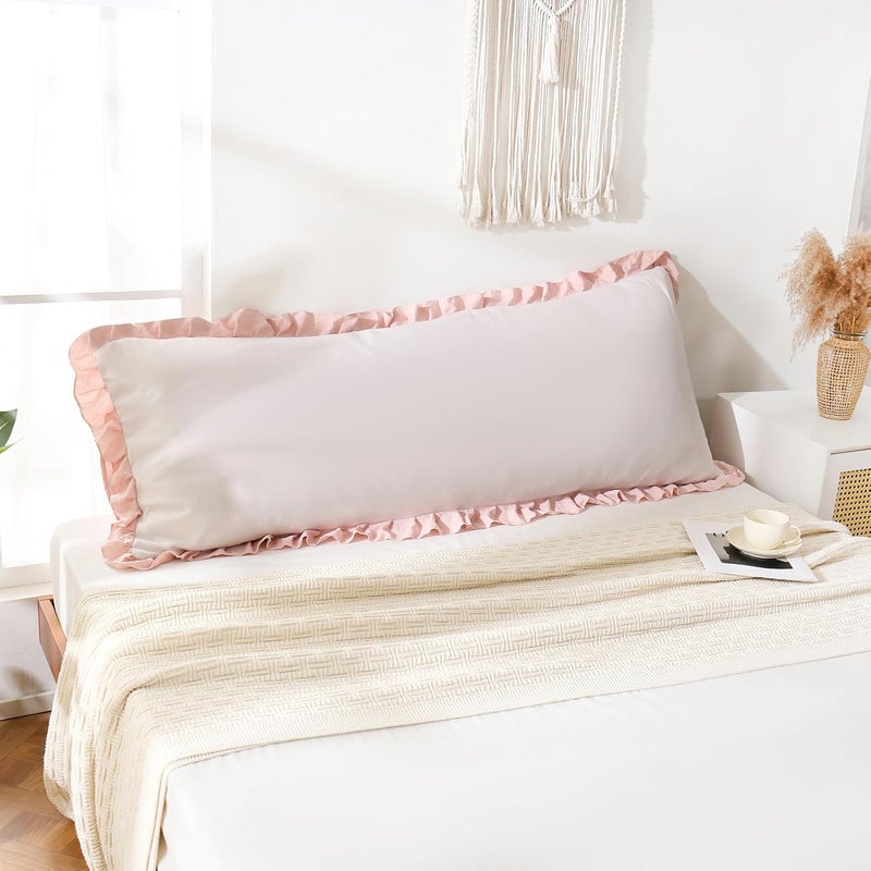 Merryword Beige & Pink Reversible Body Pillow - 20x54inches, Ruffled Long Pillowcase (1 Body) - Image 5