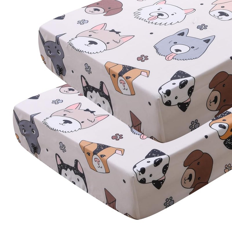 KWLOVER Soft Doggy Cute Puppy Doggies Printed Fabric Crib Sheet for Boys Girls,2 Pack Crib Mattress Sheets or Toddler Bed Sheet, Baby Bassinet Sheets Fitted Crib Sheet (Cream) - Image 1